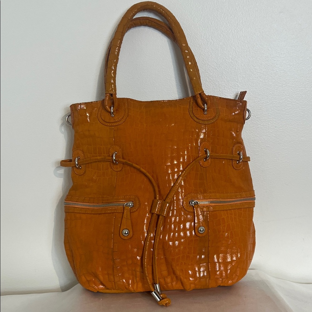 Hype Orange Leather Crocodile-Embossed Hobo Bag